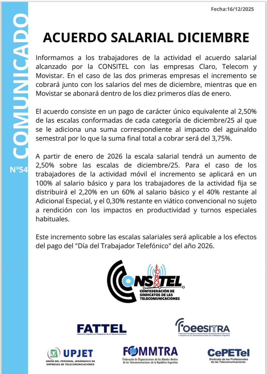 Compartimos comunicado de la #CONSITEL 

ACUERDO SALARIAL DICIEMBRE 2025

#Paritarias 
#Telefónicos
