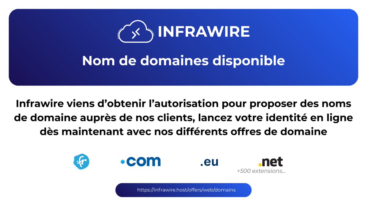 🚀 NOUVEAUTÉ chez Infrawire
Les noms de domaines sont désormais disponibles !
🌍 +500 extensions
💼 Projets pro ou perso
🔐 Gestion simple et fiable

👉 Trouvez le nom parfait pour votre site dès maintenant :
 infrawire.host/offers/web/dom…