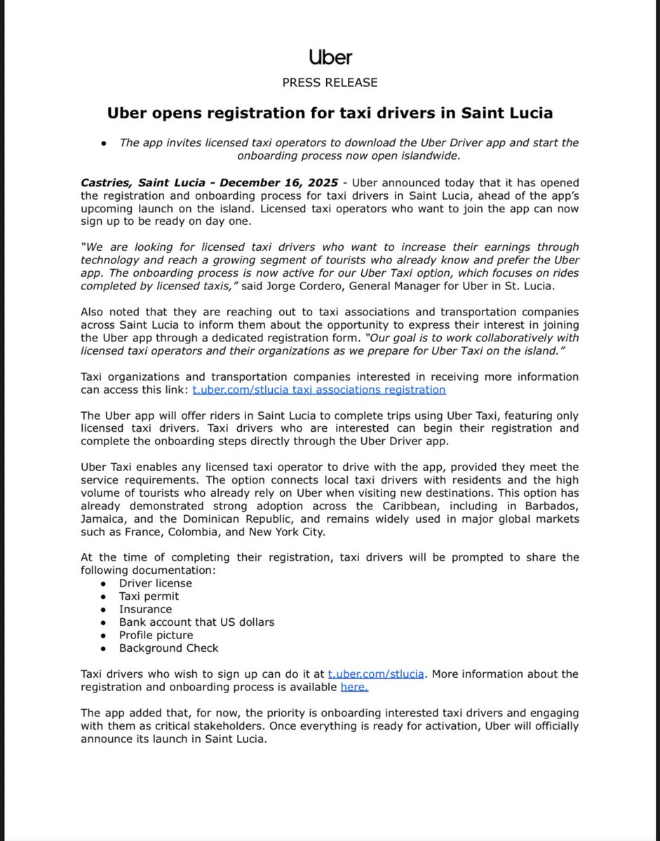 Uber is coming to Saint Lucia. 🚙🇱🇨

Taxi drivers in Saint Lucia can now register to be part of the service. There are a list of documents that they must provide including banking information for USD$ accounts. 

How do you feel about this?