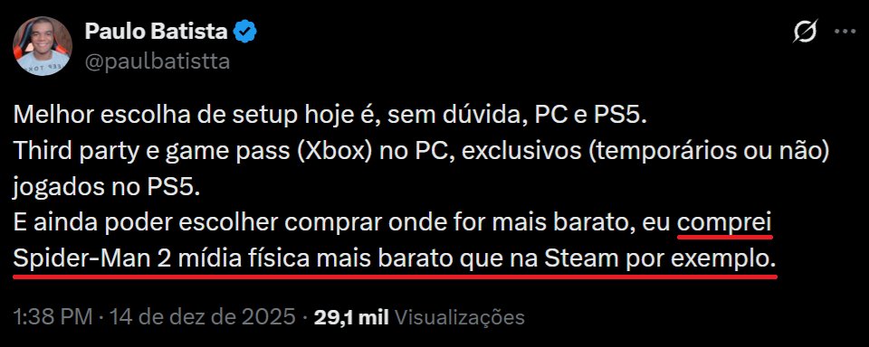 Entenderam porque tanta gente zomba (tem inveja) da mídia física do PlayStation?

É disparada uma das opções mais destruidoras de falácias e muito melhor do que opção de "pilha" em controle sem evolução nenhuma.