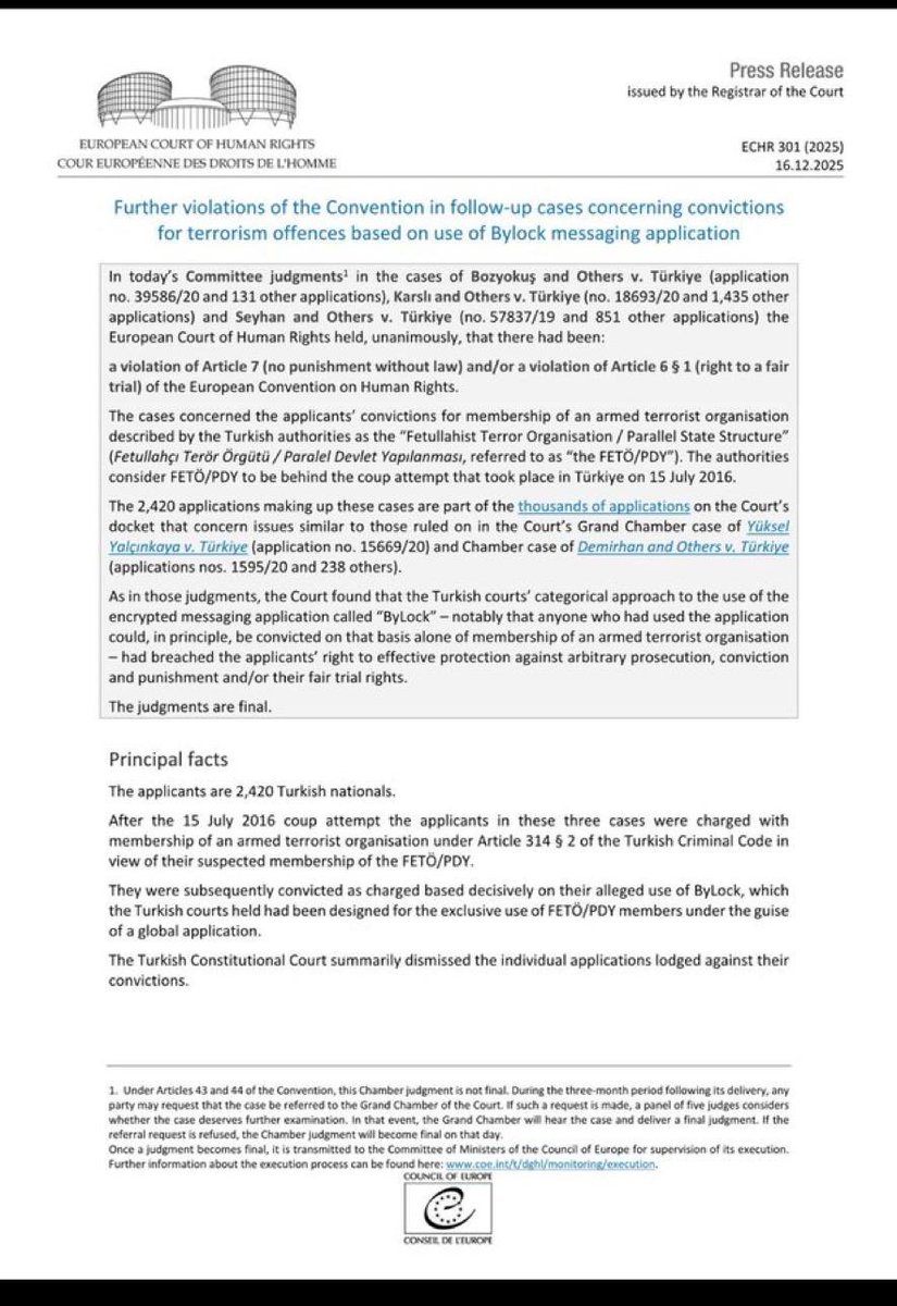 AİHM’DEN TARİHİN EN AĞIR İHLAL KİTLESEL KARARLARINDAN BİRİSİ GELDİ

AİHM TAM 2.420 KİŞİNİN DAHA Kanunsuz Suç ve Ceza Olmaz İlkesi ve Adil Yargılanma Hakkının ihlal edildiğine karar verdi.

Kararlar kesin, itirazı yok. Yani yarından itibaren bu 2.420 kişinin başvurusu üzerine