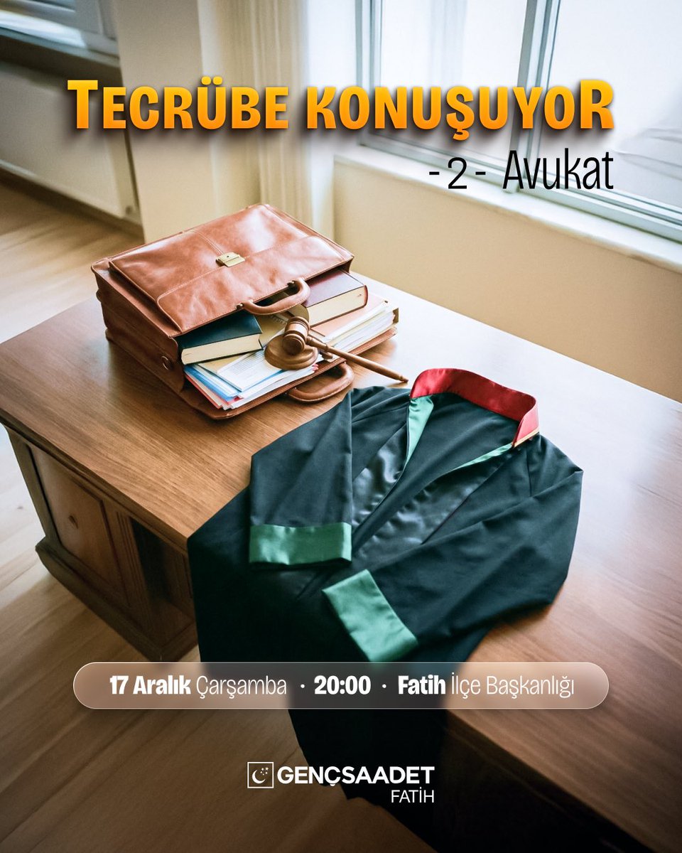 Meslek Erbabı insanlarla bir araya geldiğimiz “Tecrübe Konuşuyor” programımızın ikinci konuğu “Avukat”

-17 Aralık Çarşamba
-20:00
-Fatih İlçe Başkanlığı

Not: Programımız 18-30 yaş arası erkek katılımcılar içindir.