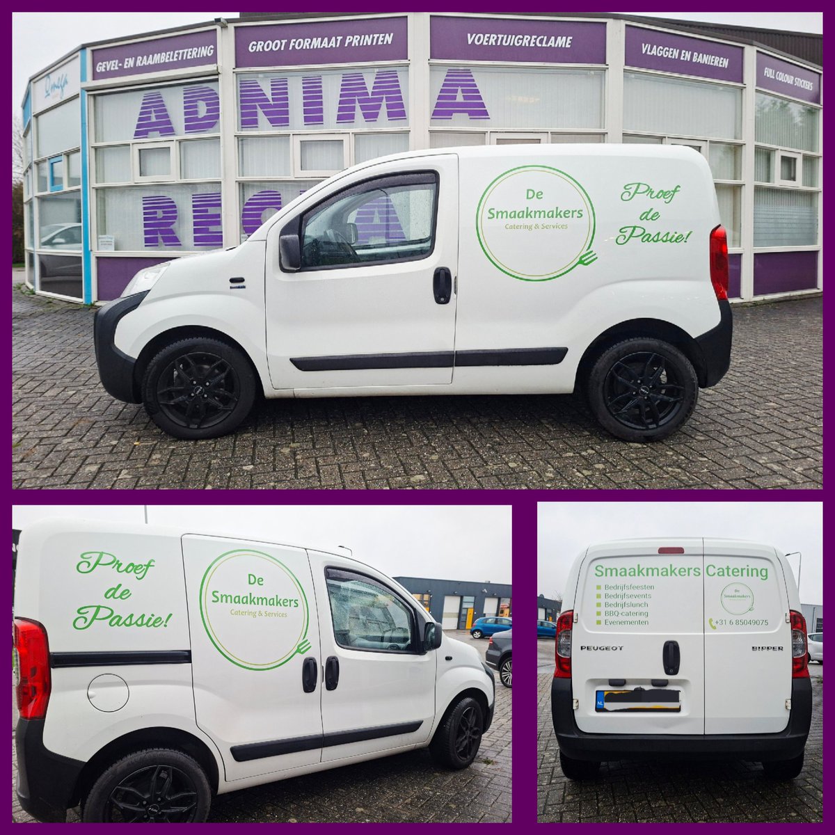 De Peugeot Biper van Smaakmakers Catering beletterd..