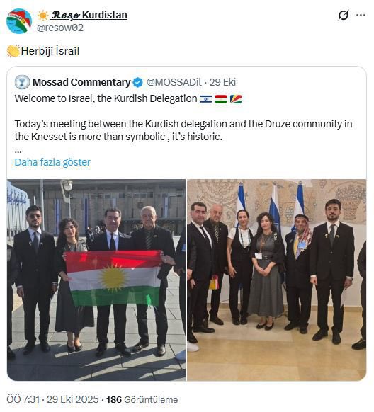 🔴 Sosyal medyada manipülatif içerikler paylaşan yüzlerce hesabın İsrail’den organize şekilde yönetildiği ortaya çıktı.

▪️Kürdistan Destekçisi profiller oluşturuldu. Ortak kullanılan dilde, "Kürdistan İsrail Kardeşliği", "Kürtlerin Koruyucusu İsrail", "Dürzi-Kürt-İsrail Birliği"