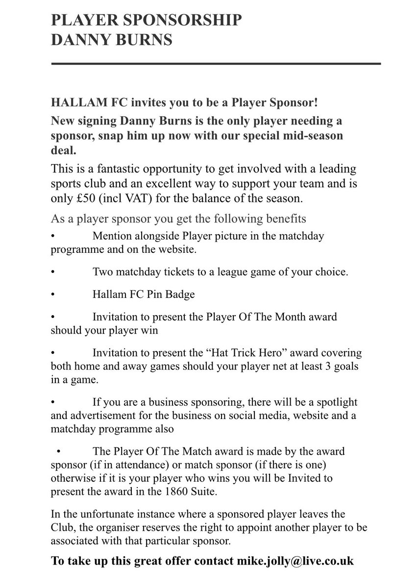Player Sponsorship Available ✍🏻 

New signing Danny Burns is now available to sponsor. If you’re interested in becoming a player sponsor, please email Mike.jolly@live.co.uk

#HallamFC