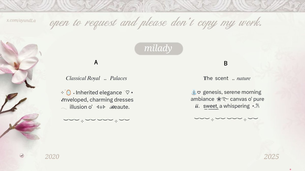 ayundla's tweet image. ㅤㅤ
ㅤㅤ     help retweet's?? pleasee :3

ㅤㅤ  wording pinned for all type acc.
     elegant &amp;amp; classy theme for " milady "
        for price or another, check alt 🩷

                 #zonauang #zonajajan
ㅤㅤ