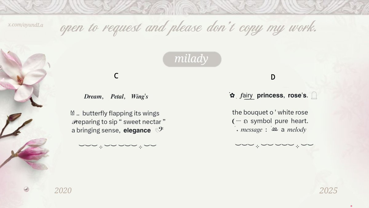 ayundla's tweet image. ㅤㅤ
ㅤㅤ     help retweet's?? pleasee :3

ㅤㅤ  wording pinned for all type acc.
     elegant &amp;amp; classy theme for " milady "
        for price or another, check alt 🩷

                 #zonauang #zonajajan
ㅤㅤ