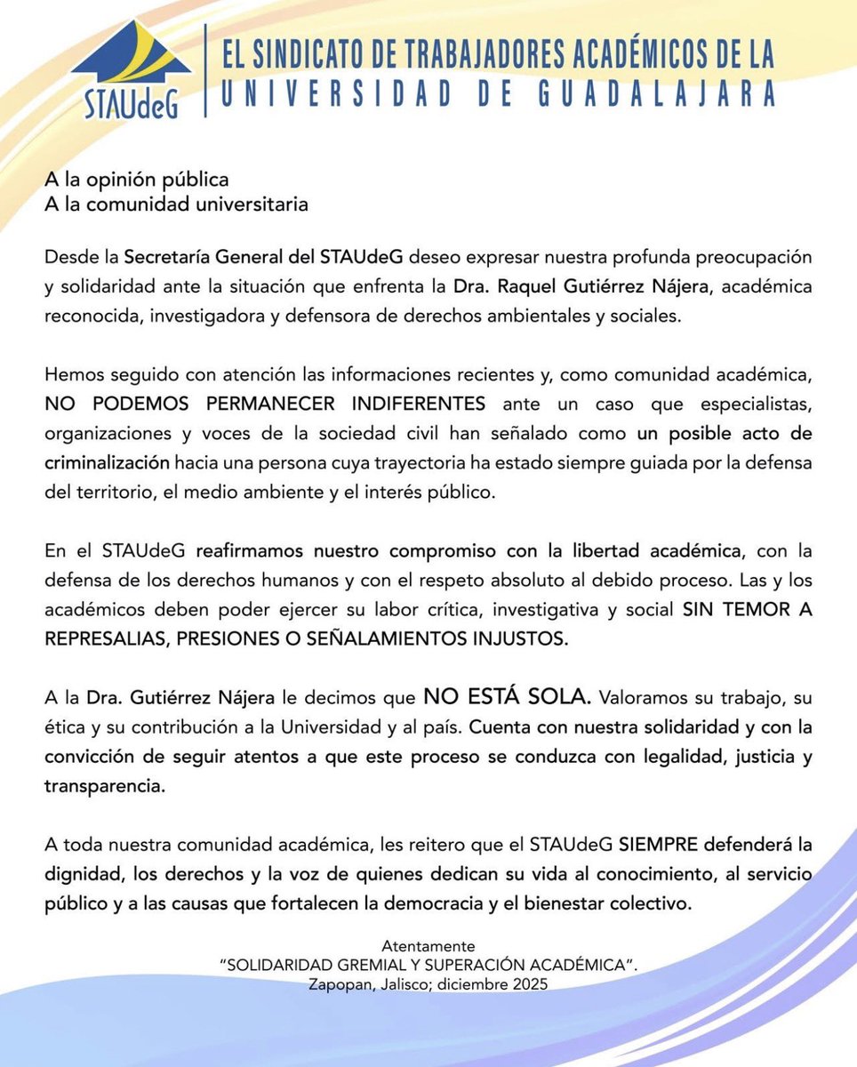 ¡Urgente! Criminalizan a defensora ambiental en Jalisco. 🚨 

Raquel Gutiérrez Nájera, directora de IDEA, fue vinculada a proceso por denunciar un desarrollo inmobiliario de Lisco y Banco Azteca. Exigimos cesar el hostigamiento jurídico por defender el Bosque del Nixticuil.