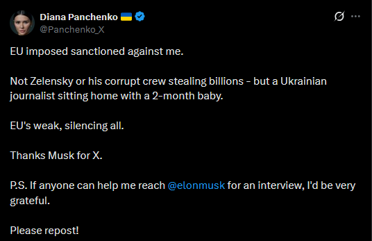 P_Kallioniemi's tweet image. EU has sanctioned Diana Panchenko, a pro-Kremlin propagandist who previously worked for Viktor Medvedchuk and Russia’s troll farm, the Social Design Agency.

Her team - Panchenko herself does not speak English - is now attempting to build popularity in the United States.