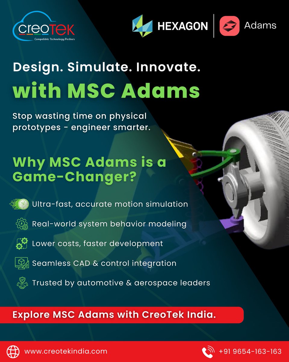 Creotekindia's tweet photo. Eliminate trial-and-error, reduce physical prototypes, accelerate development, &amp; predict real-world motion with confidence - all through powerful, industry-trusted simulation technology all with MSC Adams.

Visit https://t.co/Dgz3u6aUPK

#CreoTek #MSCAdams #MotionSimulation https://t.co/e4ViyIrxgi