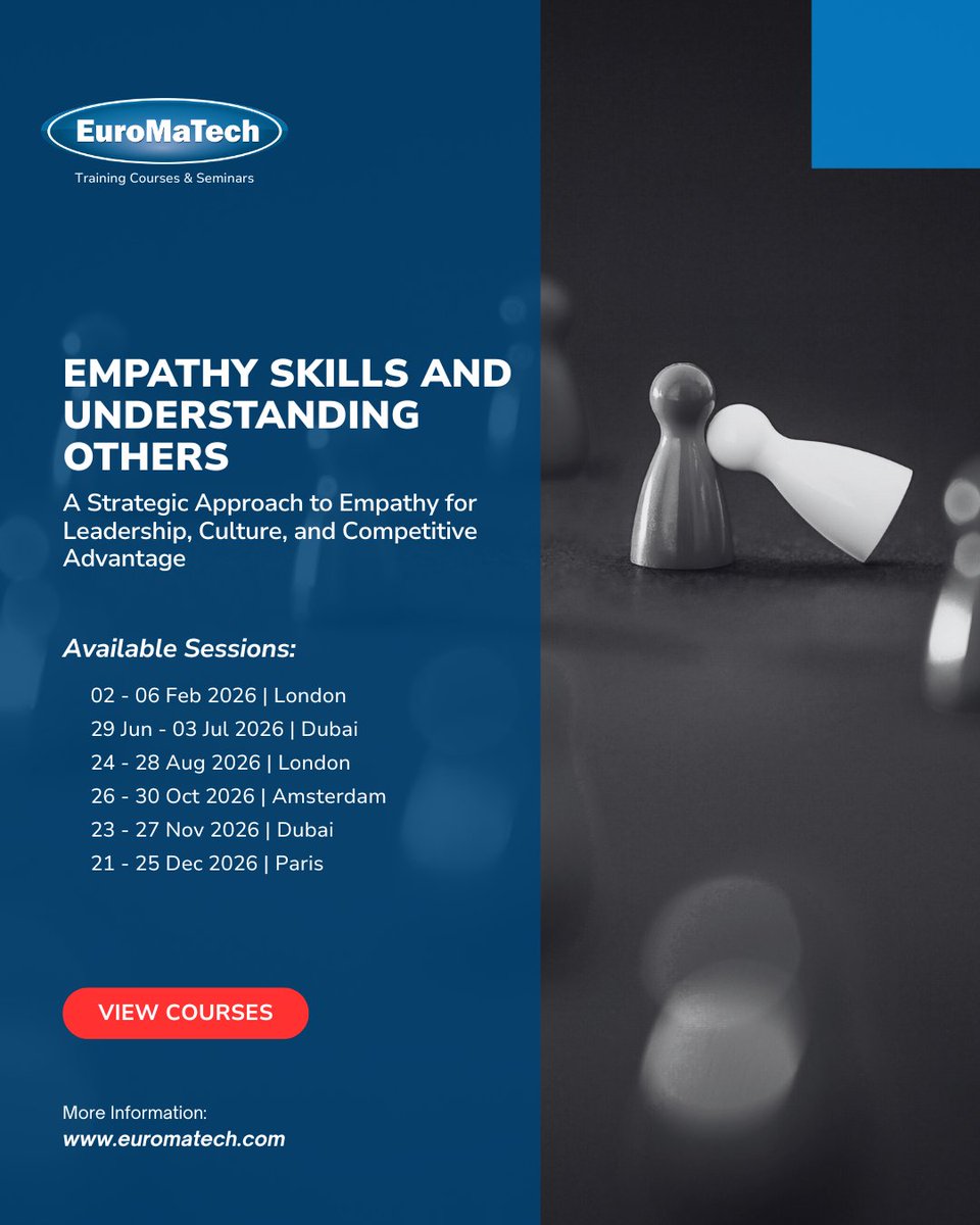 euromatech's tweet image. Lead, Communicate &amp;amp; Connect Through Empathy

🔗 To Register:
euromatech.com/course/empathy…
📞 Call / WhatsApp: +971 50 1966 003
📧 Email: info@euromatech.com

#EmpathySkills #EmotionalIntelligence #EffectiveCommunication #LeadershipDevelopment #InterpersonalSkills #WorkplaceCulture