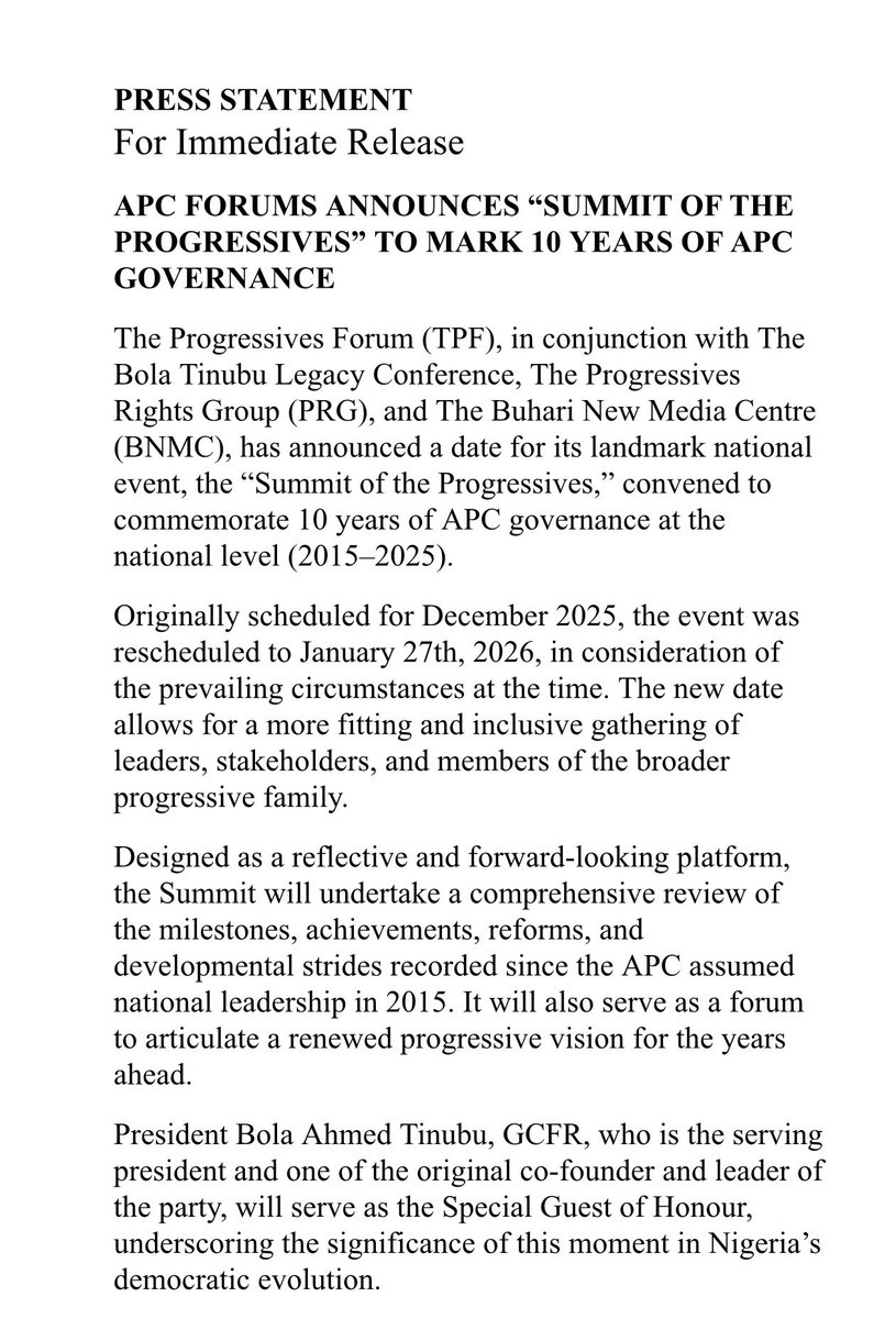 APCProgSummit's tweet photo. We are please announce the ‘Summit of the Progressives’, a programme commemorating 10 years of the All Progressives Congress governance at the national level on January 27, 2026. The chairman of the media &amp;  branding committee, Bashir Ahmad, disclosed the new date in a statement. https://t.co/ggCUOfm2Yt