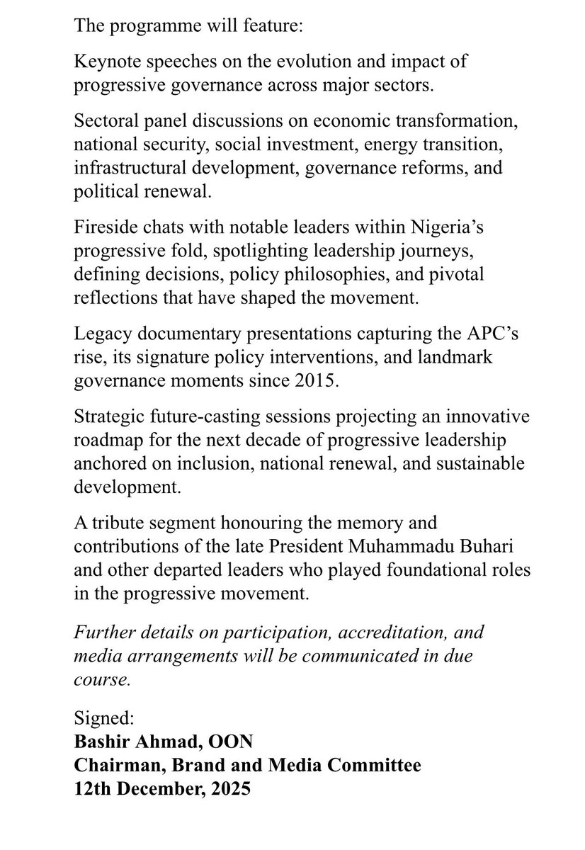 APCProgSummit's tweet photo. We are please announce the ‘Summit of the Progressives’, a programme commemorating 10 years of the All Progressives Congress governance at the national level on January 27, 2026. The chairman of the media &amp;  branding committee, Bashir Ahmad, disclosed the new date in a statement. https://t.co/ggCUOfm2Yt