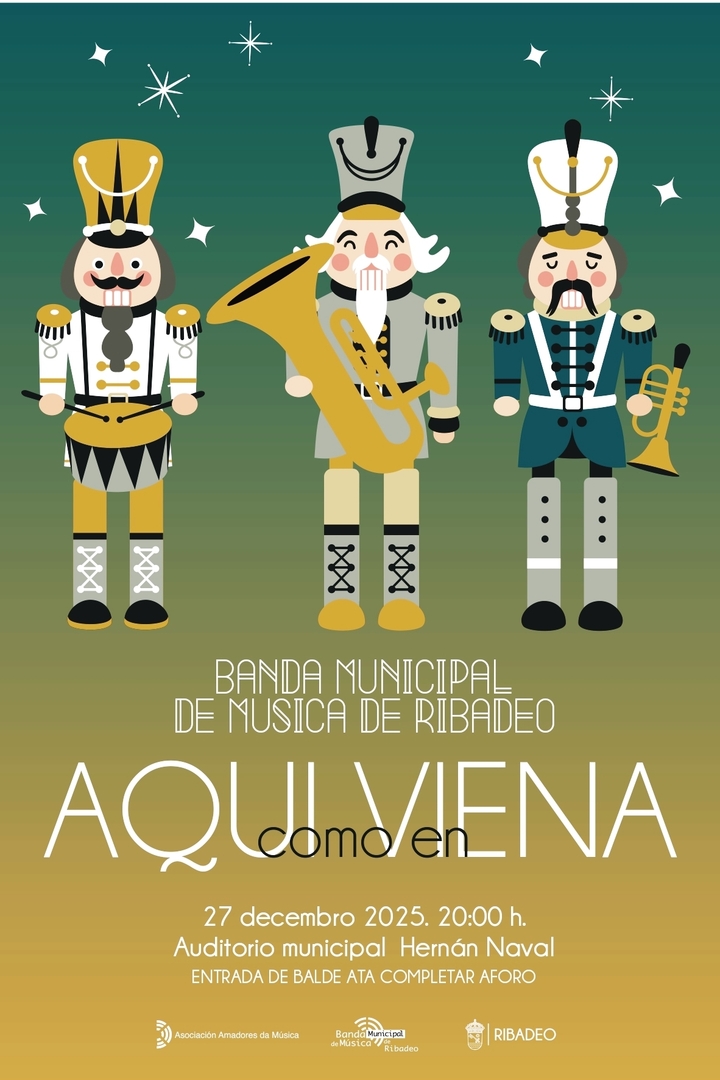 FaroNorteCom's tweet photo. A BANDA DE RIBADEO OFRECE O SEU TRADICIONAL CONCERTO DE NADAL TITULADO AQUÍ COMO EN VIENA O 27 DE DECEMBRO NO AUDITORIO HERNÁN NAVAL.
Ribadeo, 16 de decembro de 2025. A Banda Municipal de Música de Ribadeo ofrecerá o seu tradicional concerto de Nadal tit… https://t.co/bfMVS0e5vF https://t.co/iXi18Tjm4E