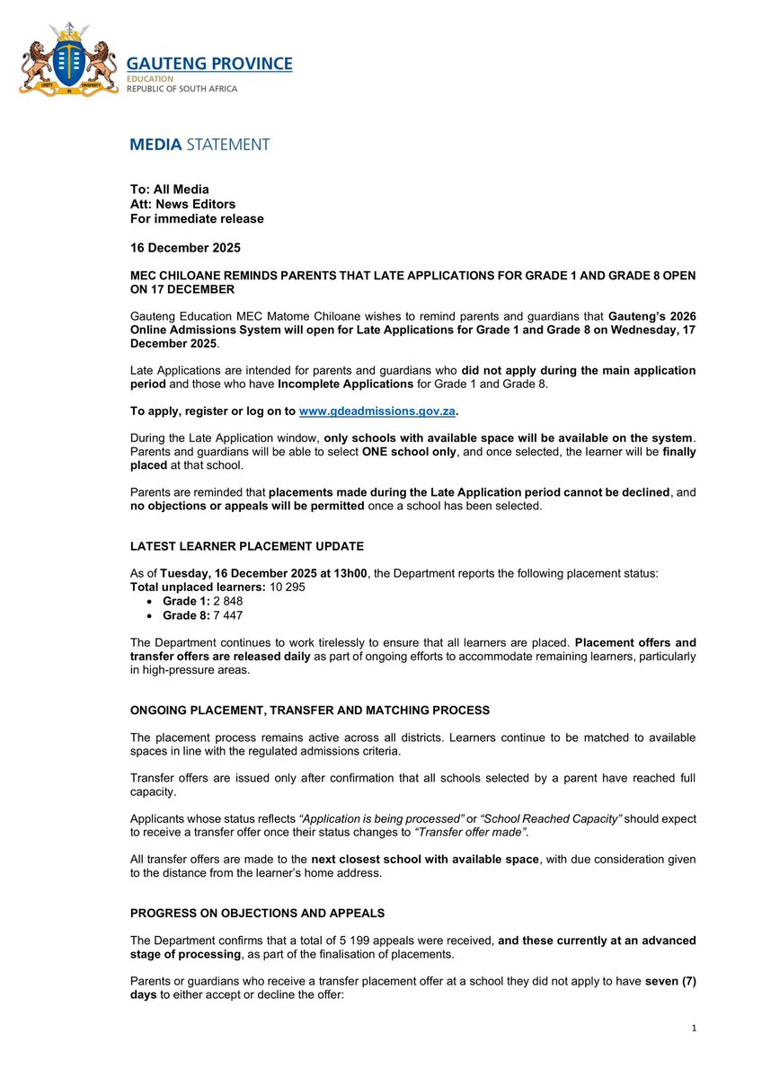 EducationGP1's tweet photo. MEDIA STATEMENT | Gauteng Education MEC @matomekopano wishes to remind parents and guardians that Gauteng’s 2026 Online Admissions System will open for Late Applications for Grade 1 and Grade 8 on Wednesday, 17 December 2025.
 
Late Applications are intended for parents and guardians who did not apply during the main application period and those who have Incomplete Applications for Grade 1 and Grade 8.
 
To apply, register or log on to https://t.co/258PMSJZKX.
