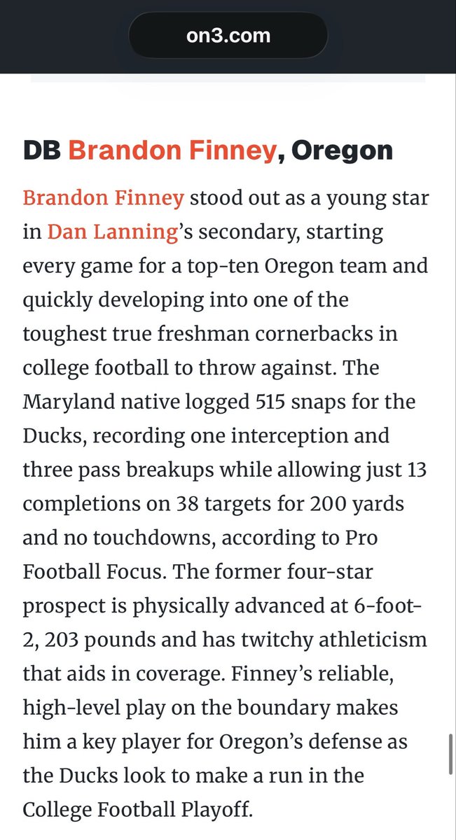 DurstNFLDraft's tweet photo. Brandon Finney, Oregon 
6’2/203 CB (#4) 
4-⭐️ Recruit (CB6)
Freshman All-American 
PFF Grade 73.7
Draft eligible in 2028

Finney posted 29 total tackles, 1 FF, 1 INT, and 3 PBUs, while allowing just 13 completions on 38 targets for 200 yards and no touchdowns. https://t.co/TWyenRlAlT