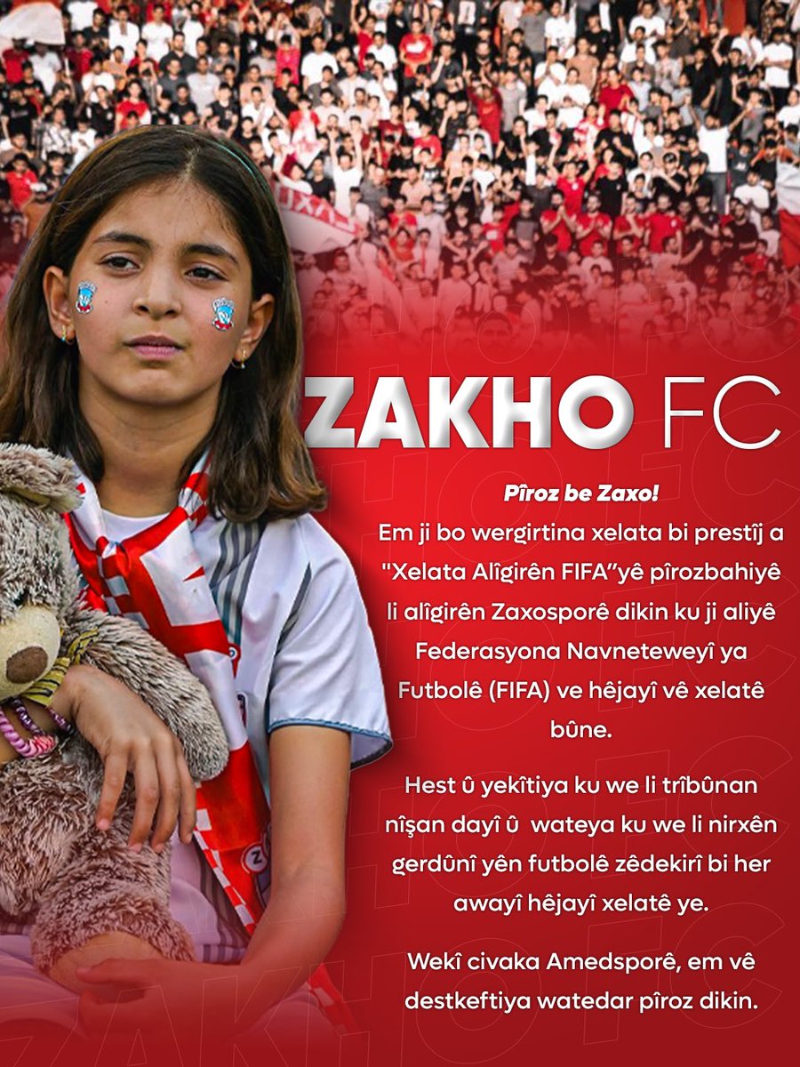 amedskofficial's tweet image. Pîroz be Zaxo!

Em ji bo wergirtina xelata bi prestîj a "Xelata Alîgirên FIFA”yê pîrozbahiyê li alîgirên Zaxosporê dikin ku ji aliyê Federasyona Navneteweyî ya Futbolê (FIFA) ve hêjayî vê xelatê bûne.

Hest û yekîtiya ku we li trîbûnan nîşan dayî û  wateya ku we li nirxên gerdûnî…