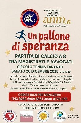 Un Pallone di Speranza
corrierepl.it/2025/12/16/un-…
A Taranto magistrati e avvocati insieme per una “causa” speciale: “Un Pallone di Speranza”
Una rappresentanza dell’Associazione Nazionale Magistrati (ANM) – Sottosezione di Tarant
Del 16 Dicembre 2025 alle ore 19:04
#sportmotori