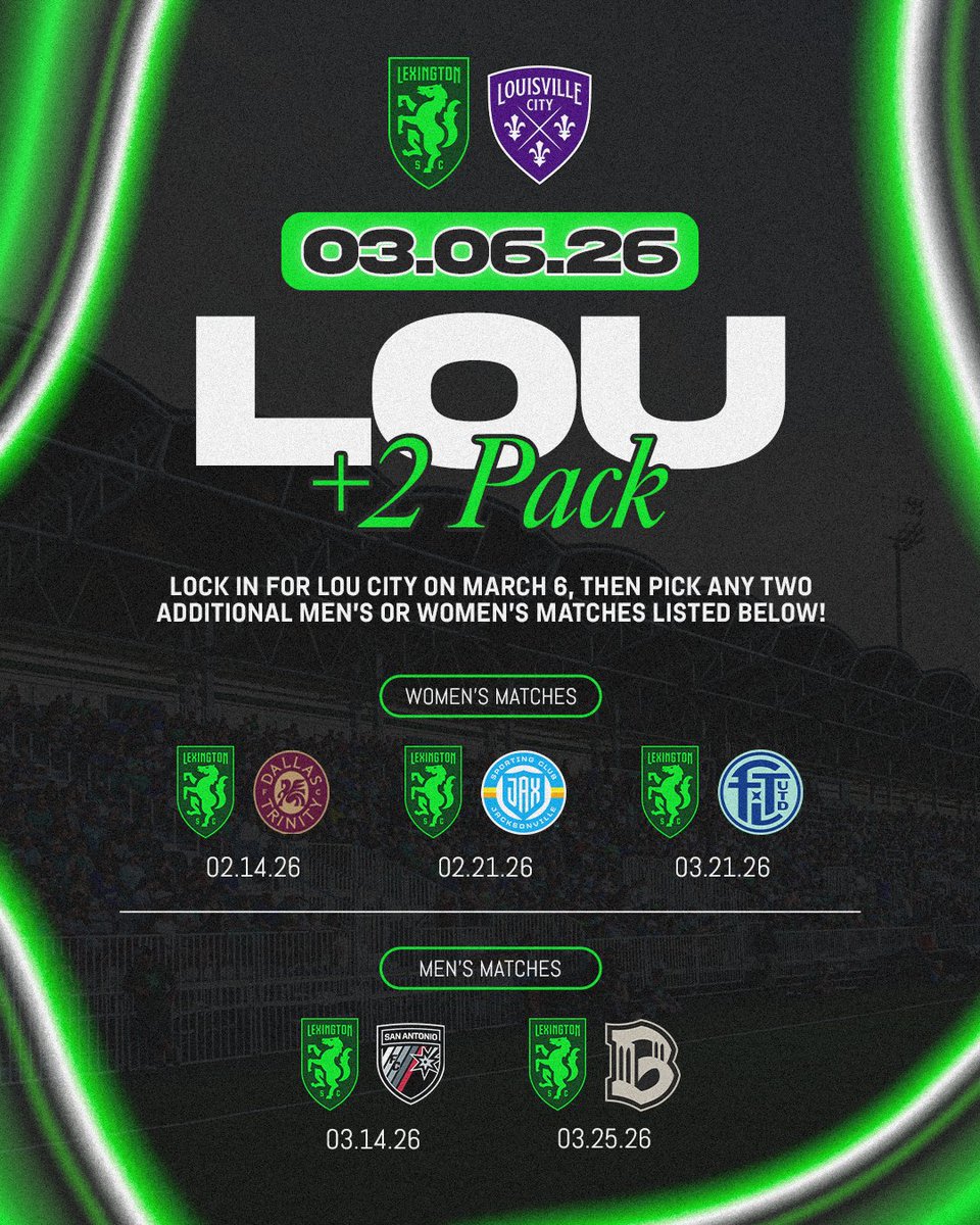 Kick off the 2026 <a href="/USLChampionship/">USL Championship</a> calendar with Lou City. Plus pick two additional matches this spring — men’s OR <a href="/LEXSCwomen/">Lexington Sporting Club Women</a>’s. Your choice!

Introducing the 𝐋𝐨𝐮 +𝟐 𝐏𝐚𝐜𝐤. Available now‼️

🎟️👉 tinyurl.com/5yxnm9v8

#LexGo