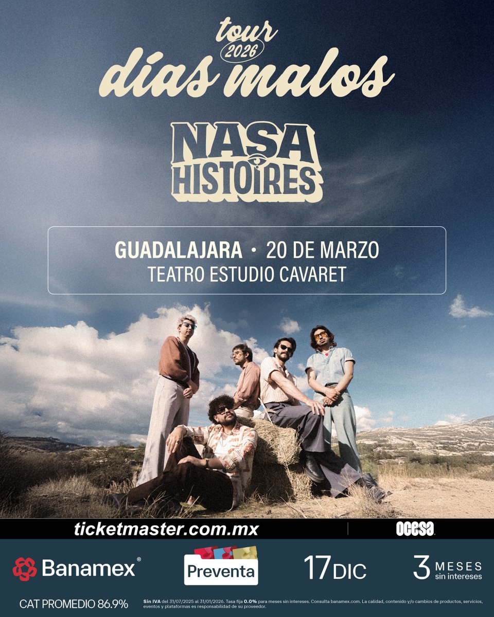 ¡NASA HISTOIRES en vivo en el Teatro Estudio Cavaret! 🎷🎶

📅 20 Marzo | 🕘 21:00 hrs

🎫 Preventa Banamex: 17 de Diciembre - 11:00 hrs
🎫 Venta General: 18 de Diciembre - 11:00 hrs
📍 Boletos en Ticketmaster y taquilla del Auditorio TELMEX.
Link:

ticketmaster.com.mx/event/3D00638D…