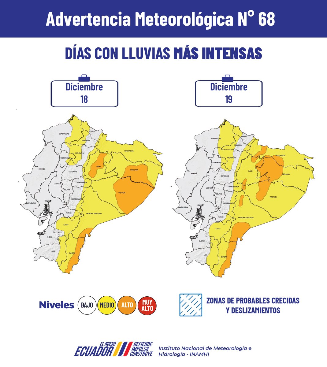inamhi_ec's tweet photo. #Atención | Entre el miércoles 17 y el sábado 20 de diciembre se prevé el retorno de lluvias y algunas tormentas eléctricas en la región Amazónica y zonas puntuales de la Sierra🌧️

A continuación, se presenta la Advertencia Meteorológica No. 68 con las áreas de posible afectación https://t.co/XohJF7UBe8