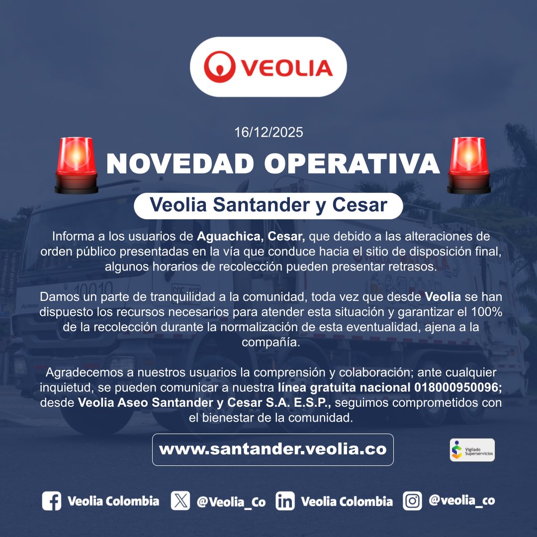 VeoliaSderCesar's tweet image. 🚨¡NOVEDAD OPERATIVA!🚨

A los usuarios de Aguachica, #Cesar, informamos que se presentan novedades en la prestación del servicio de recolección de residuos. 

Agradecemos a la comunidad su comprensión y colaboración. Los detalles aquí👇🏼: