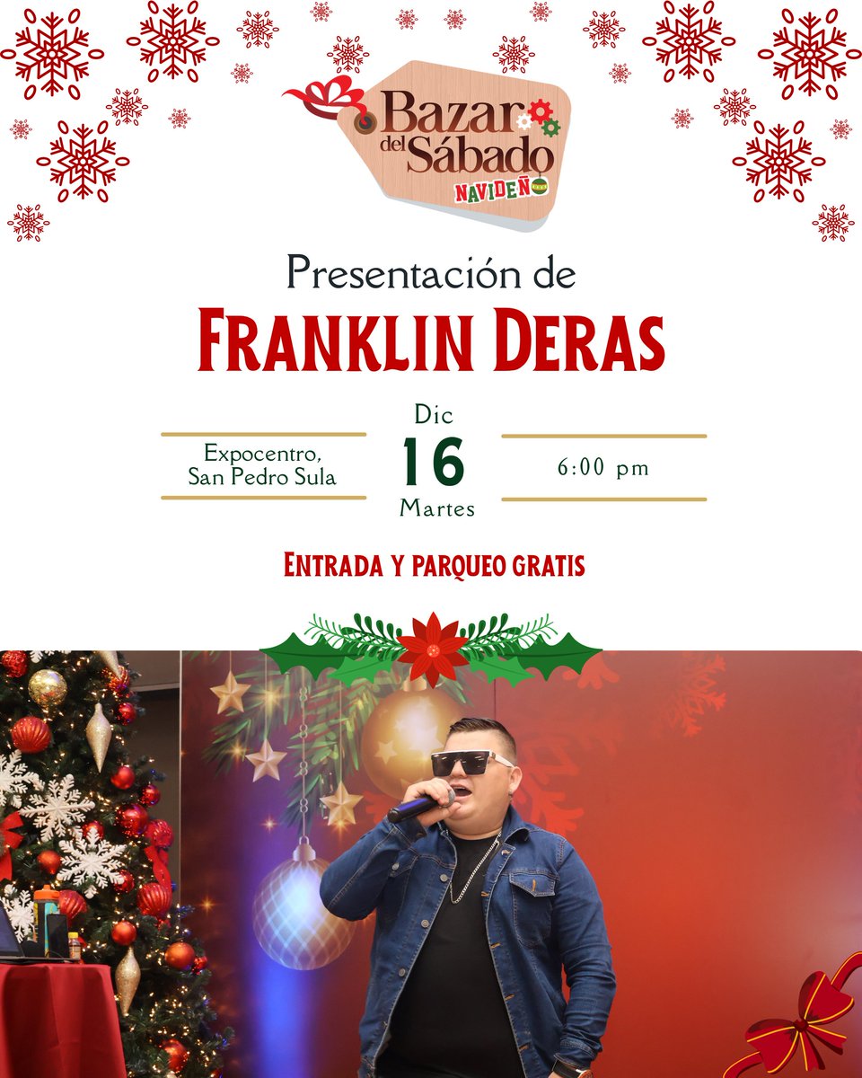Hoy el Bazar Navideño se llena de música y buen ambiente.
Te invitamos a disfrutar de la presentación de Franklin Deras, en un espacio pensado para compartir en familia, apoyar a los emprendedores locales y vivir el espíritu navideño.
¡Te esperamos! 

#BazarNavideño #Expocentro
