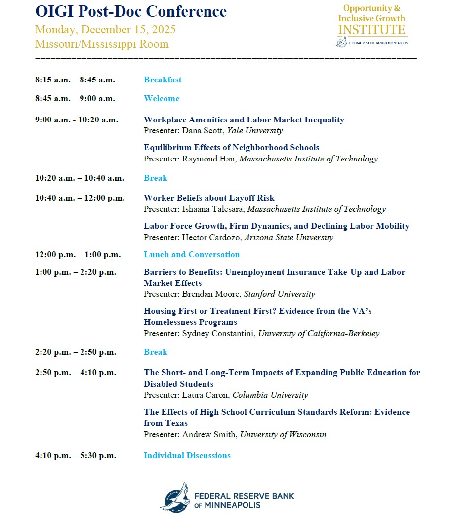 Prince_ofTroy's tweet photo. I had the privilege of presenting my job market paper, “Labor Force Growth, Firm Dynamics, and Declining Labor Mobility,” at the Opportunity and Inclusive Growth Institute (OIGI) Post-Doc Conference at the @MinneapolisFed. https://t.co/PBOkFLECIK