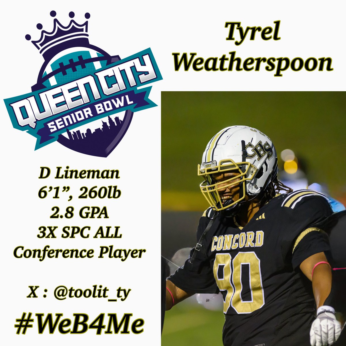 Want to give a shout out our All Conference Senior DL <a href="/toolit_ty/">Tyrel ( TW 9️⃣0️⃣) Weatherspoon</a> who will be participating this Saturday December 20th 12:00 PM <a href="/_CHSathletics/">CHS Athletics</a> in the Queen City Senior Bowl! We need all of the Spiders community to come and support this young man!  <a href="/qc_seniorbowl/">Queen City Senior Bowl #WeHaveCharlotte</a> <a href="/pepman704/">Matt Morrow</a>