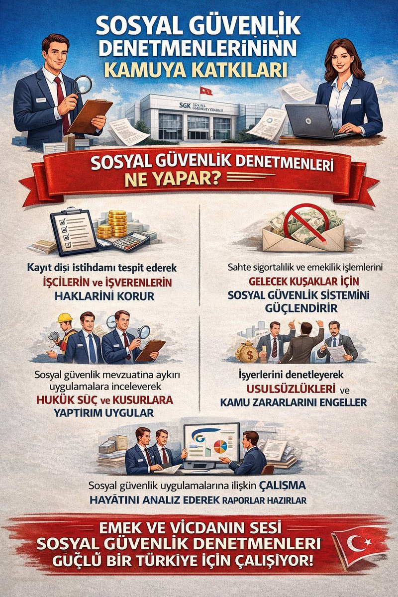 SGK denetmenleri, sosyal güvenlik sisteminin sahadaki en önemli gücüdür.
Ancak; özlük haklarında adaletsizlik, kariyer meslekler arası eşitsizlik, iş yükü ve yetersiz mali haklar yıllardır çözüm bekliyor.

Adil ücret, kariyer güvencesi artık bir zorunluluktur. 

#SGKDenetmenleri