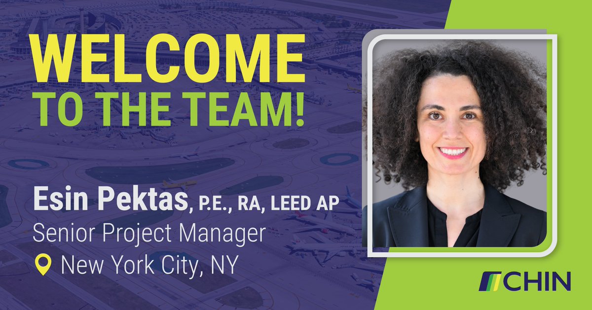 CHIN welcomes Esin Pektas, P.E., R.A., LEED AP to our Aviation Team as Senior Project Manager! With 20+ years of experience leading major capital programs, Esin will support our growing aviation work in New York and beyond.

#CHINTeam #Aviation #NewHire