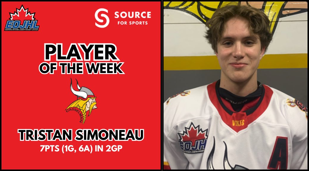 Tristan Simoneau from the <a href="/CVikingsHockey/">Casselman Vikings</a> is the Week 13 <a href="/TheEOJHL/">The EOJHL</a> Player of the Week!

🗞️ theeojhl.ca/eojhl-names-tr…