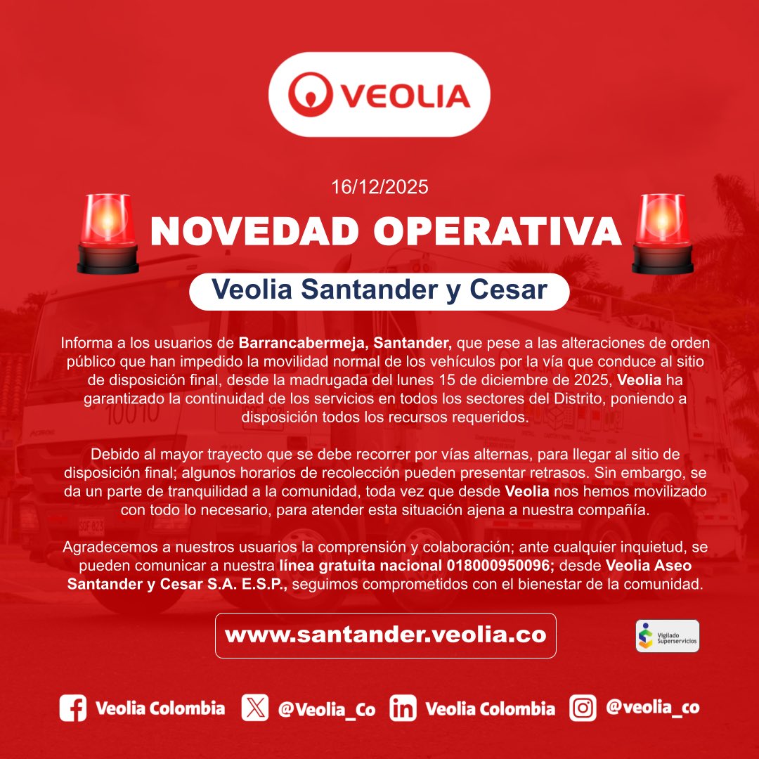 VeoliaSderCesar's tweet image. 🚨¡NOVEDAD OPERATIVA!🚨

A los usuarios de Barrancabermeja, #Santander, informamos que se presentan novedades en la prestación del servicio de recolección de residuos. 

Agradecemos a la comunidad su comprensión y colaboración. Los detalles aquí👇🏼: