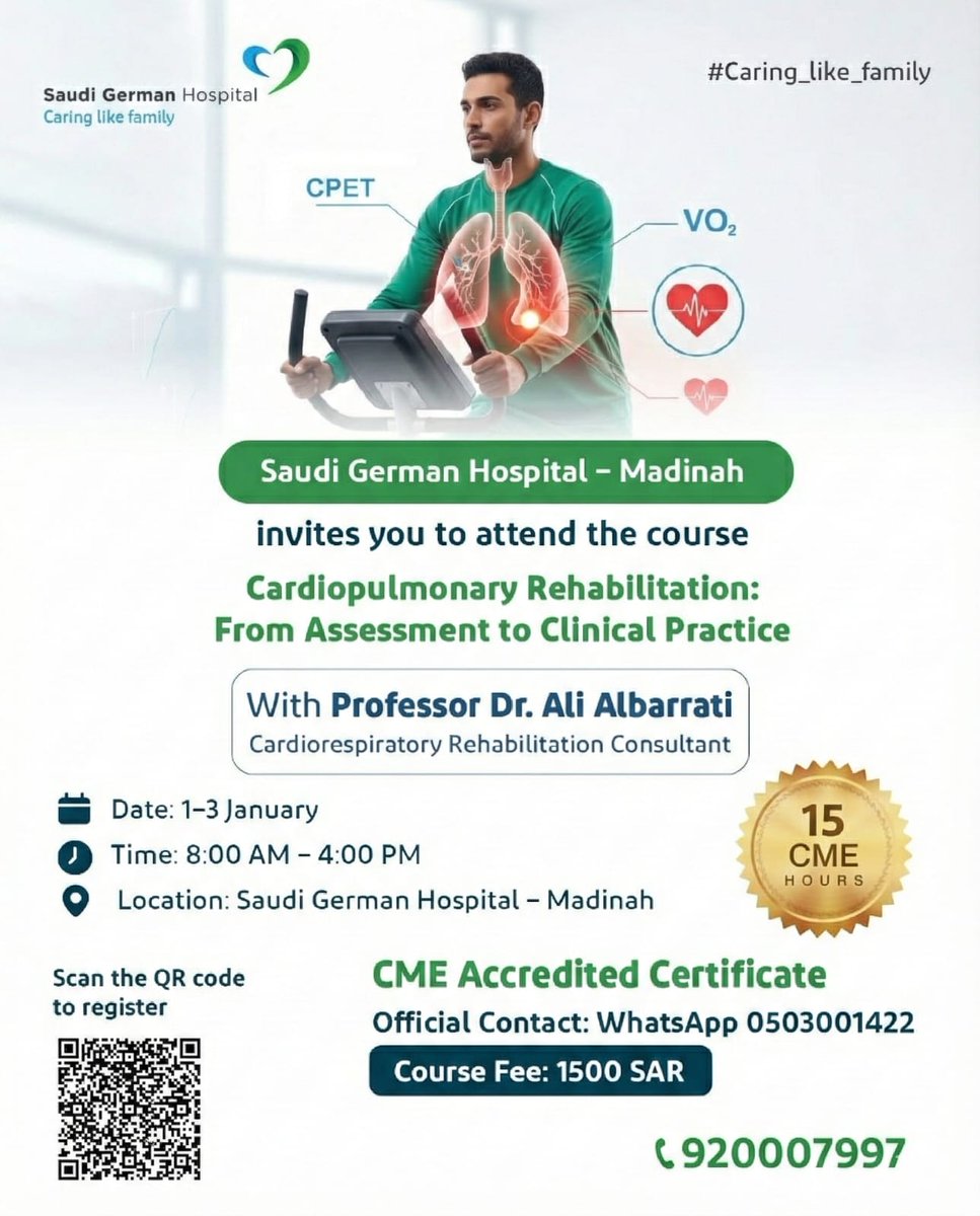 Excited to highlight an upcoming Cardiopulmonary Rehabilitation Course focusing on CPET physiology, interpretation&amp; clinical application with direct translation to individualized rehab in HF,COPD,ILD, PH, obesity, &amp;post-ICU care.
#CPET #CardiopulmonaryRehab #ClinicalPractice