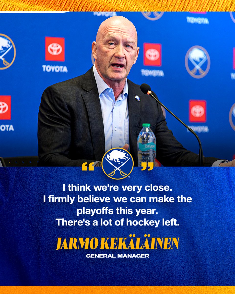 BuffaloSabres's tweet image. "There's a lot of hockey left." 

GM Jarmo Kekäläinen spoke with the media today after being named general manager. Recap his presser → bufsabres.co/4s5MCvI