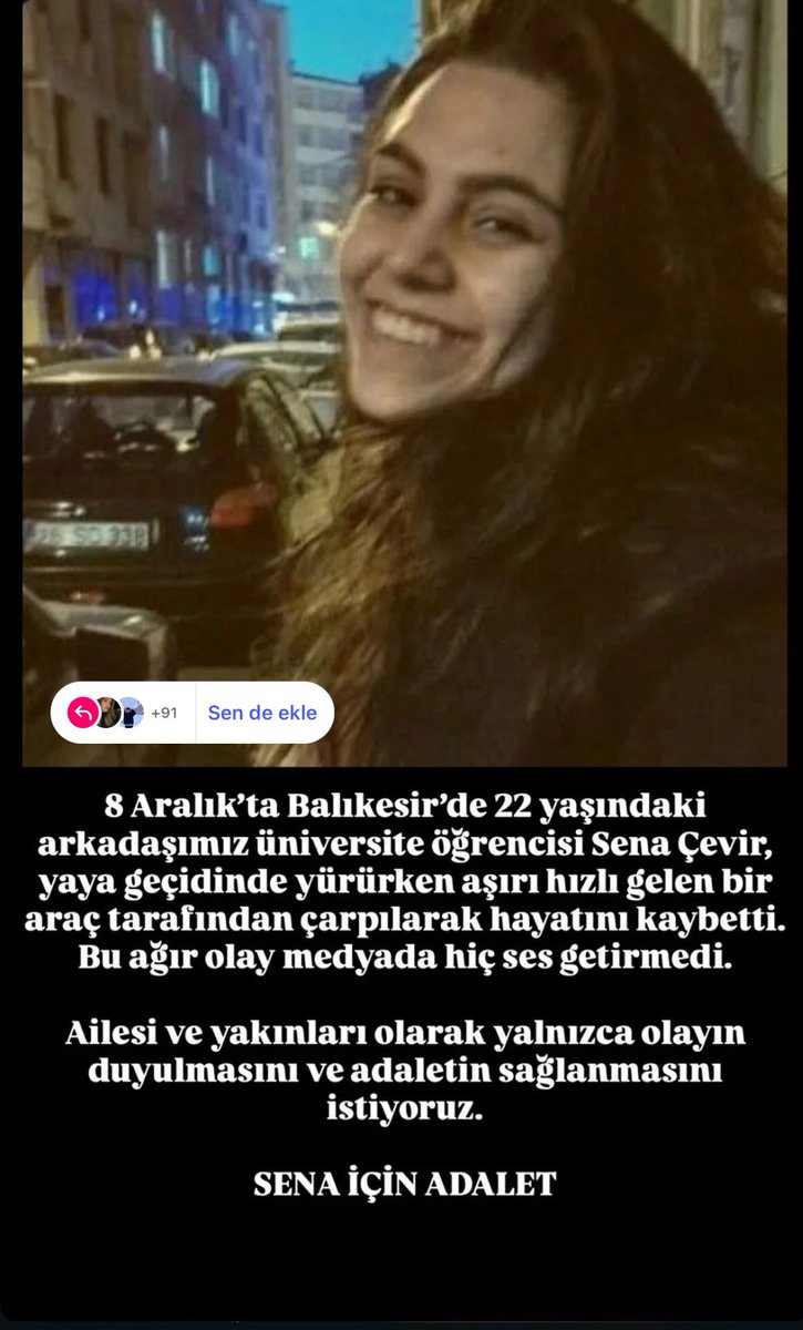 muhendisyenn's tweet photo. Sena Çevir, Balıkesir Üniversitesi Endüstri Mühendisliği 3. sınıf öğrencisiydi.
8 Aralık günü öğle saatleri okula giderken, Balıkesir merkezde İzmir Yolu üzerindeki yaya geçidinden geçiyordu.
06 plakalı bir araç yüksek hızla Sena’ya çarptı. Ve öldürdü..

#SenaİcinAdalet https://t.co/EYLhUhIOwa