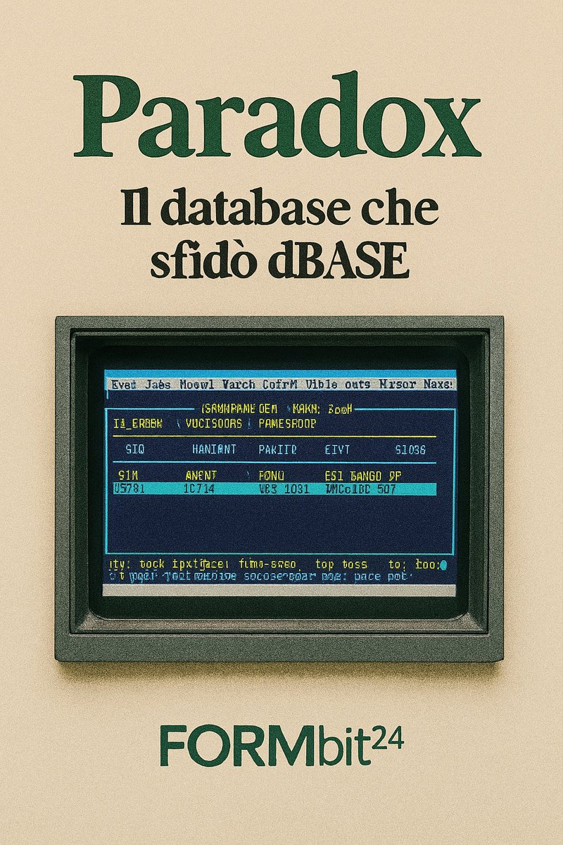 Formbit24's tweet image. Paradox: il database che sfidò dBASE
Tech nostalgia firmata FORMbit24.
Guarda il video qui: youtube.com/shorts/11dh9u4…
Leggi l'articolo sul blog: formbit24.weebly.com/formblog/parad…
#Paradox #Borland #dBASE #MsDos #DOS #Formbit24 #softwarevintage #oldschooltech #ComputerAnni90 #StoriaDelPC