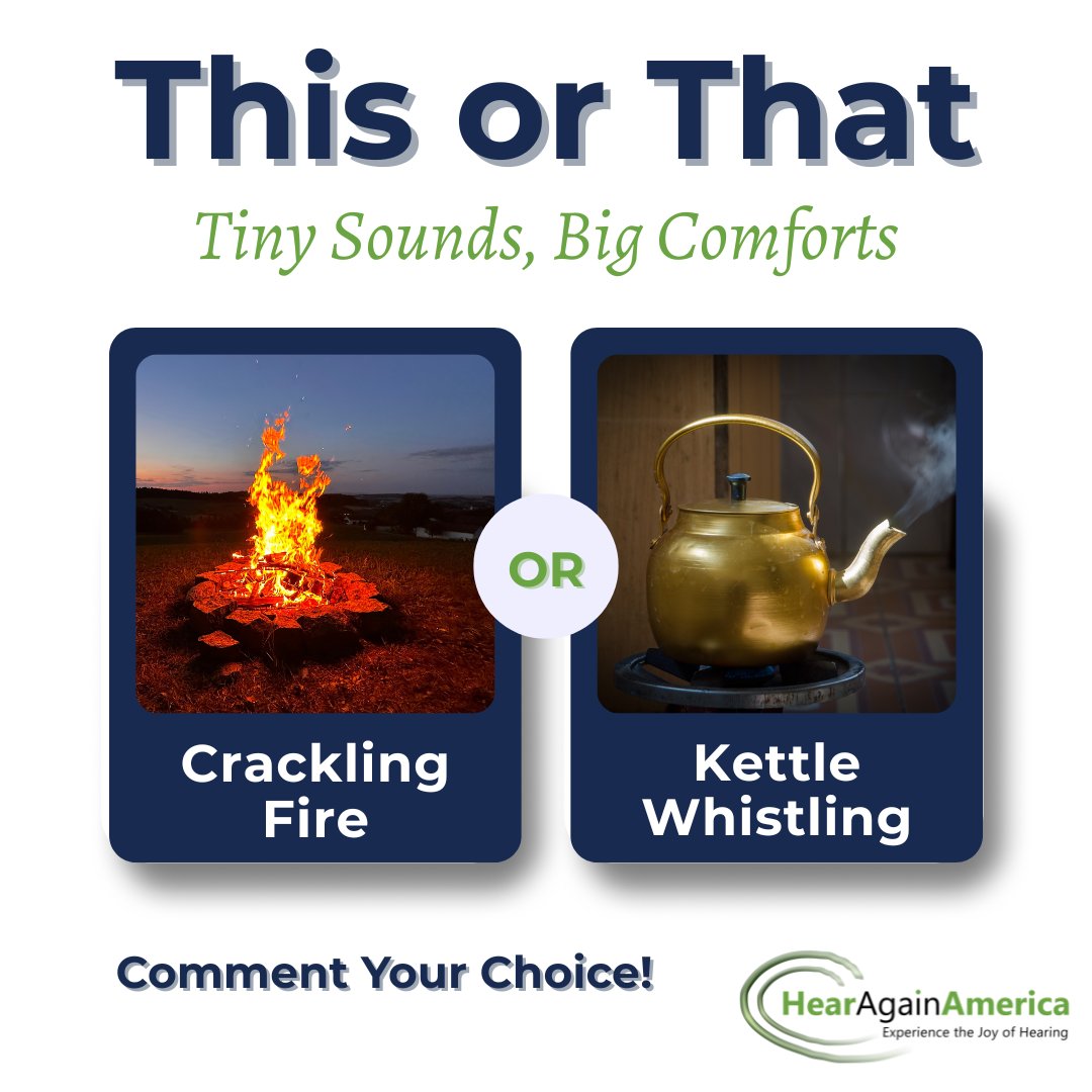 HearAgain1's tweet photo. 💚 Which sound makes your day? 

This or That?
A cozy crackling fire 🔥 
A kettle whistling for tea ☕

#HearAgainAmerica https://t.co/leIcjWlEZP