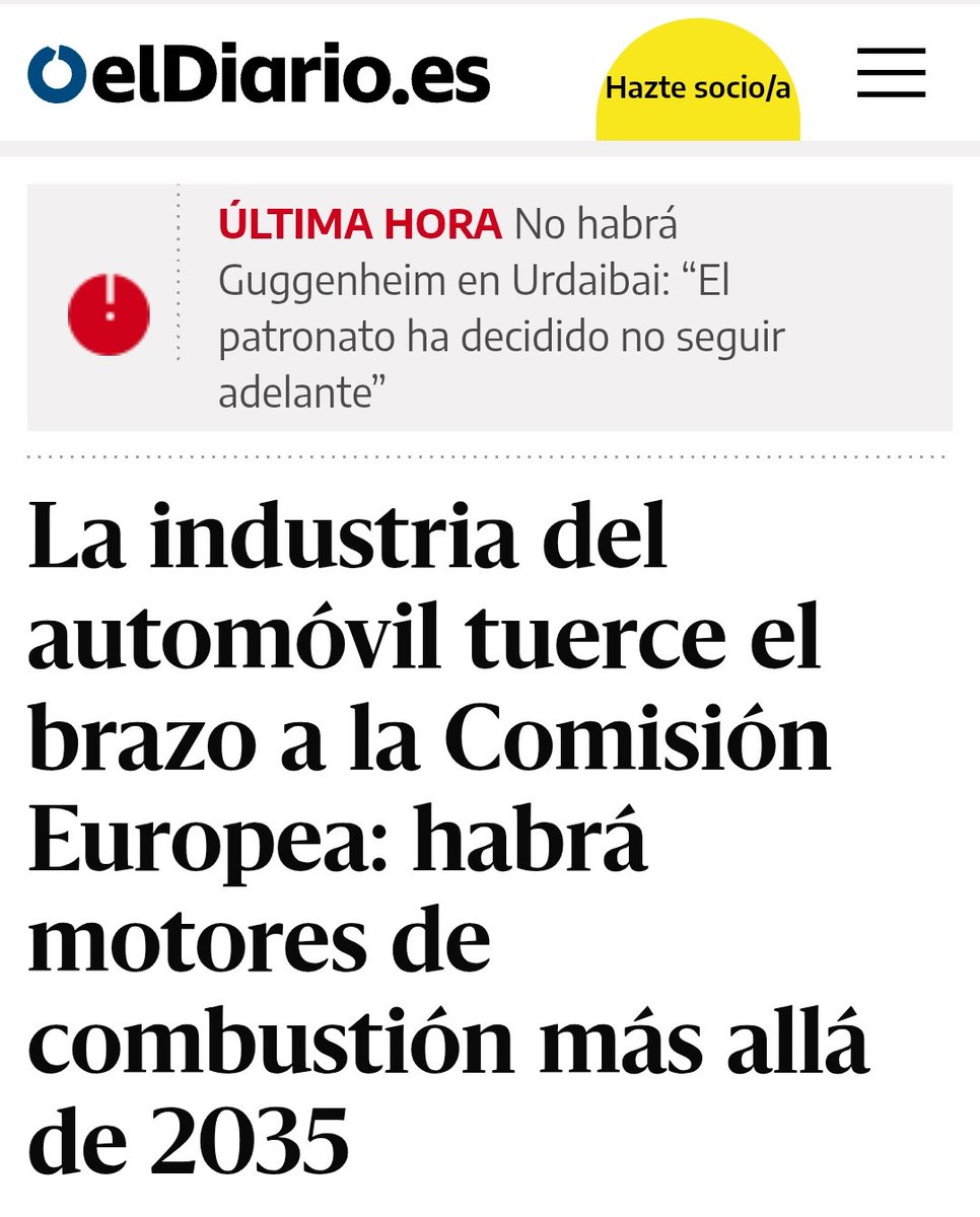 Alargar la vida de los motores de combustión es atentar contra la salud pública y ambiental y acortar la vida de las personas.

Defender el Pacto Verde ante los ataques del lobby fósil es la única vía para evitar un futuro negro para el clima y el planeta.
eldiario.es/economia/presi…