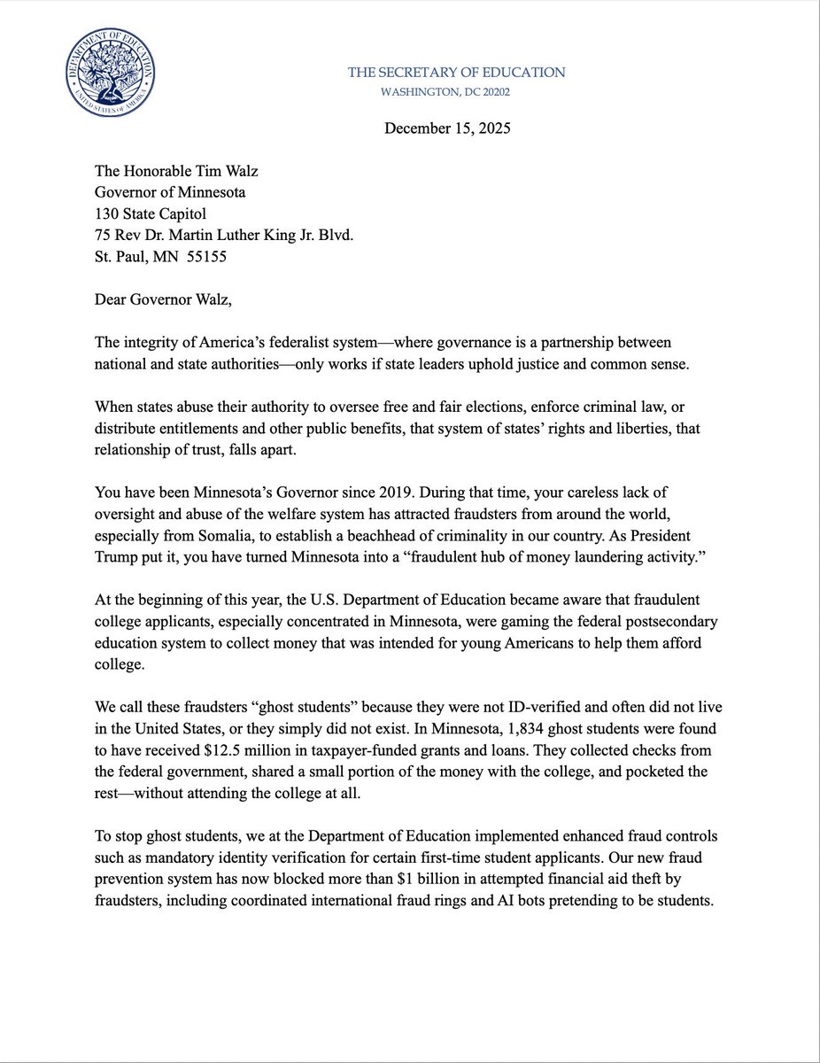EDSecMcMahon's tweet image. Dear @GovTimWalz: