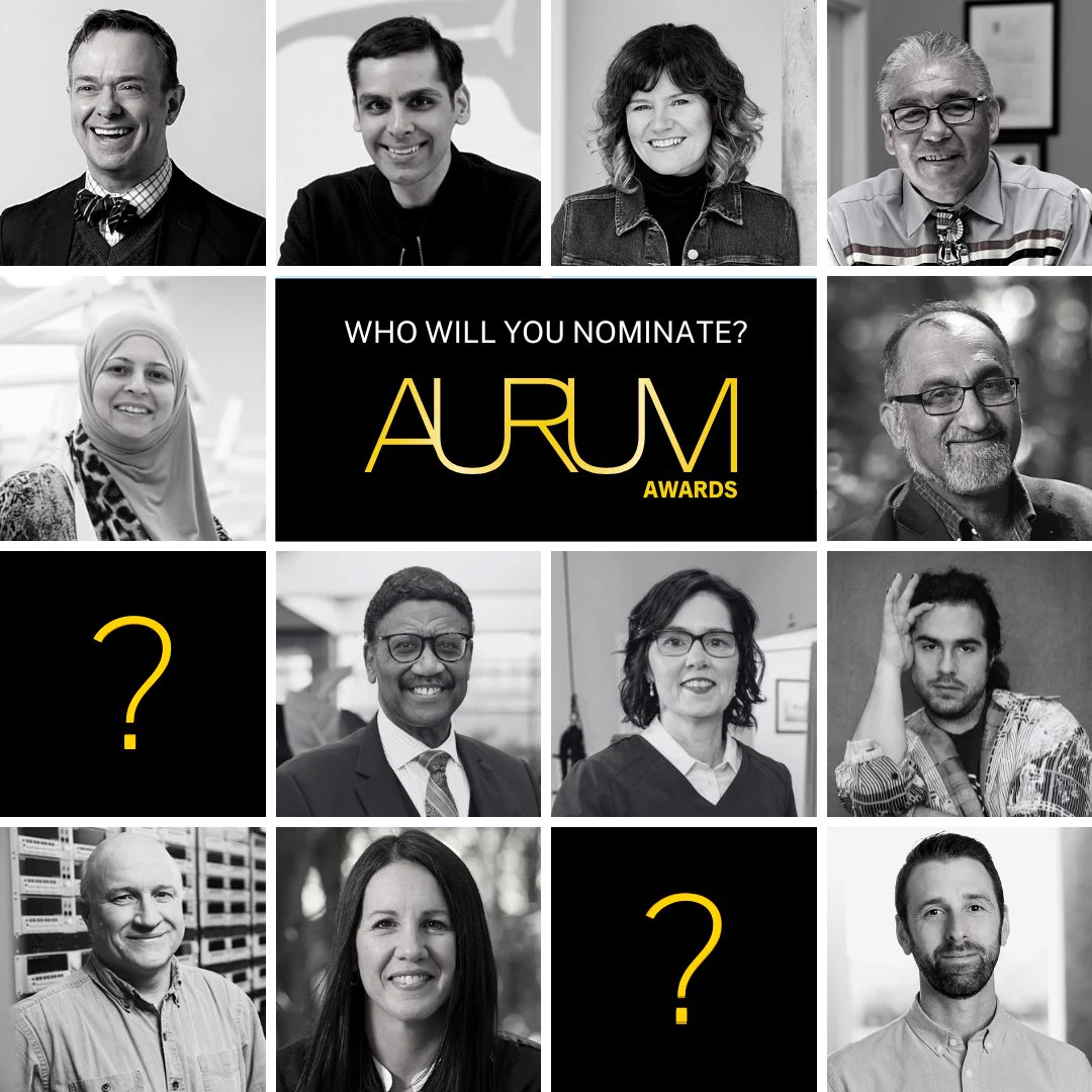 Headshots of former Aurum Award winners in a square graphic with question marks for new recipients