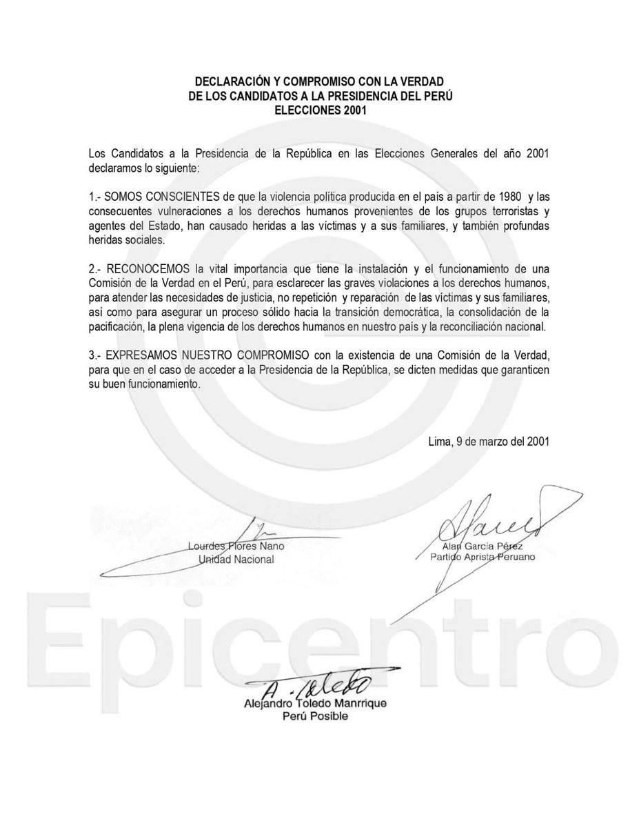 Militante aprista afirma que Valentín Paniagua creó la Comisión de la Verdad. Pero no dice que la pidieron los candidatos presidenciales Alan García,Toledo,Lourdes Flores y Fernando Olivera. Luego Toledo amplió con la palabra “reconciliación”