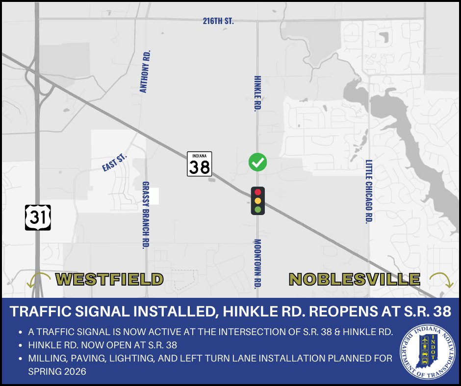 NOW OPEN ✅

A traffic signal is now active at the intersection of State Road 38 and Hinkle/Moontown Road in Hamilton County. Hinkle Road is also back open at S.R. 38.

In the spring, crews will pave the area, install lighting and add the left turn lane at the intersection.