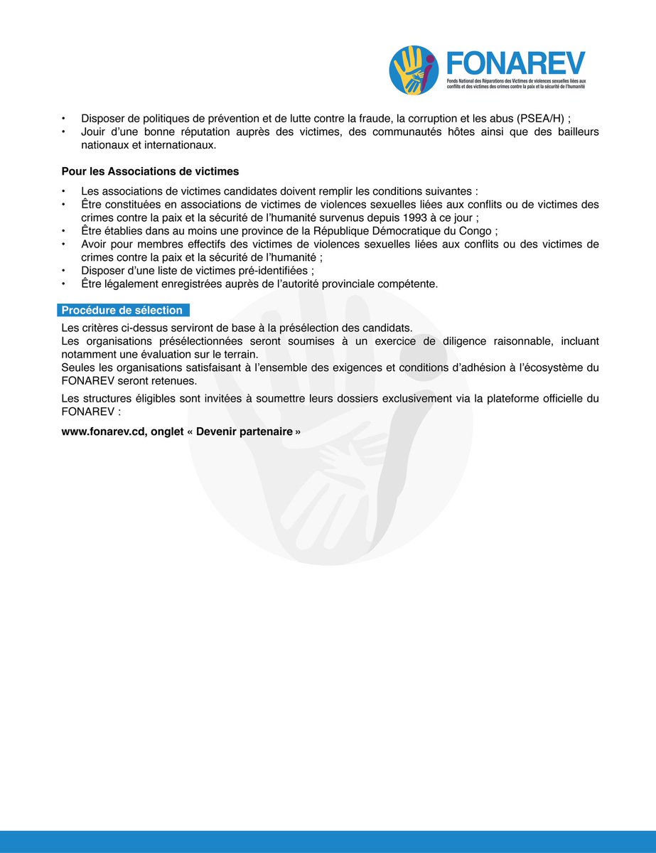 FonarevRDC's tweet image. Communiqué officiel — Le FONAREV lance le processus de sélection des ONG partenaires et des Associations des victimes de son écosystème.

Lien de soumission des candidatures : 
front.ecosys.fonasite.app
