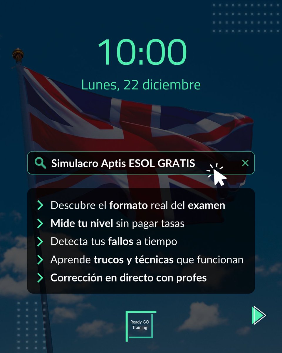 readygotraining's tweet photo. 🎯 SIMULACRO APTIS ESOL GRATIS

Antes de pagar el examen, comprueba tu nivel real 👀

✔️ Examen completo en formato oficial
✔️ Listening, Reading, Grammar &amp; Vocabulary y Writing
✔️ Corrección guiada en directo con 3 profes expertas
✔️ Técnicas y claves que sí funcionan en Aptis https://t.co/16stn3EBZH