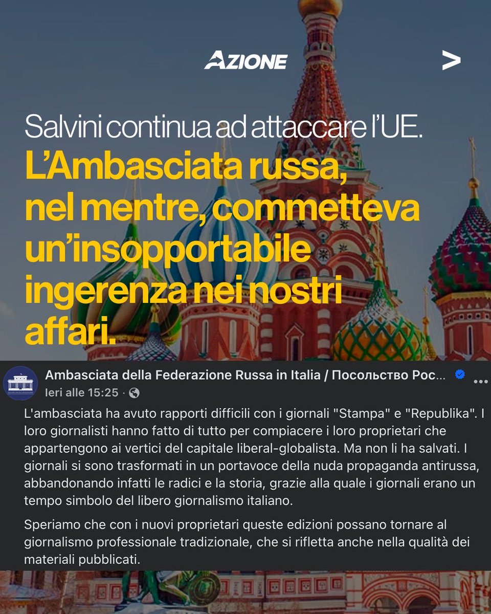 Azione_it's tweet photo. Ci risiamo. Questa volta c’è l’endorsement ufficiale. Mentre l’Europa, a fatica, continua a difendere l’Ucraina opponendosi alle minacce di Putin, sostenuto da Trump, Salvini se ne esce con frasi che sembrano pronunciate direttamente dal Cremlino. E infatti questa volta arriva anche il plauso di Zakharova. Il tutto mentre l’Ambasciata russa in Italia delirava su un organo di stampa e sulla vendita del gruppo GEDI. Una follia. 
Salvini si ricordi che ruolo ha e chi rappresenta.

@f_onori