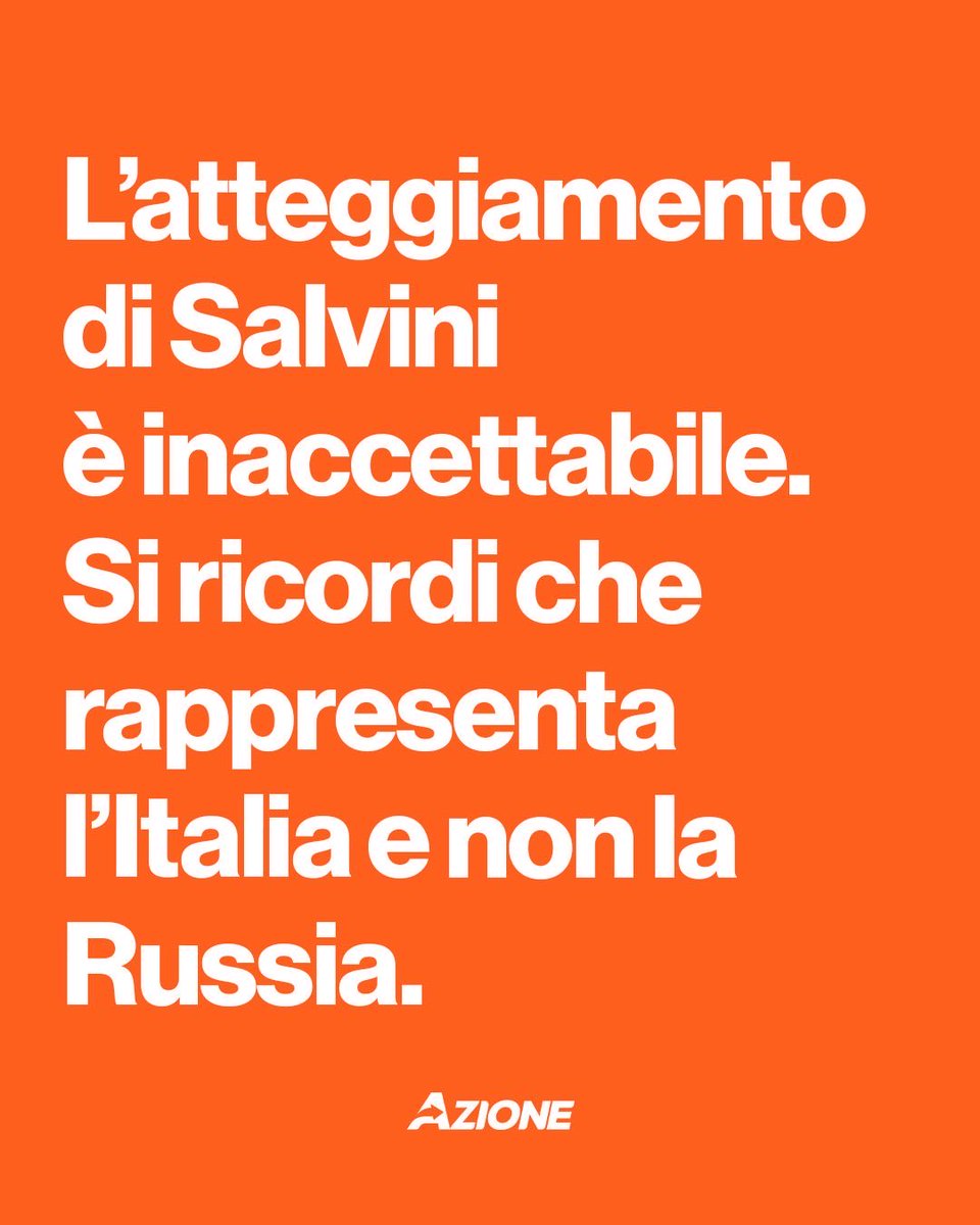 Azione_it's tweet photo. Ci risiamo. Questa volta c’è l’endorsement ufficiale. Mentre l’Europa, a fatica, continua a difendere l’Ucraina opponendosi alle minacce di Putin, sostenuto da Trump, Salvini se ne esce con frasi che sembrano pronunciate direttamente dal Cremlino. E infatti questa volta arriva anche il plauso di Zakharova. Il tutto mentre l’Ambasciata russa in Italia delirava su un organo di stampa e sulla vendita del gruppo GEDI. Una follia. 
Salvini si ricordi che ruolo ha e chi rappresenta.

@f_onori