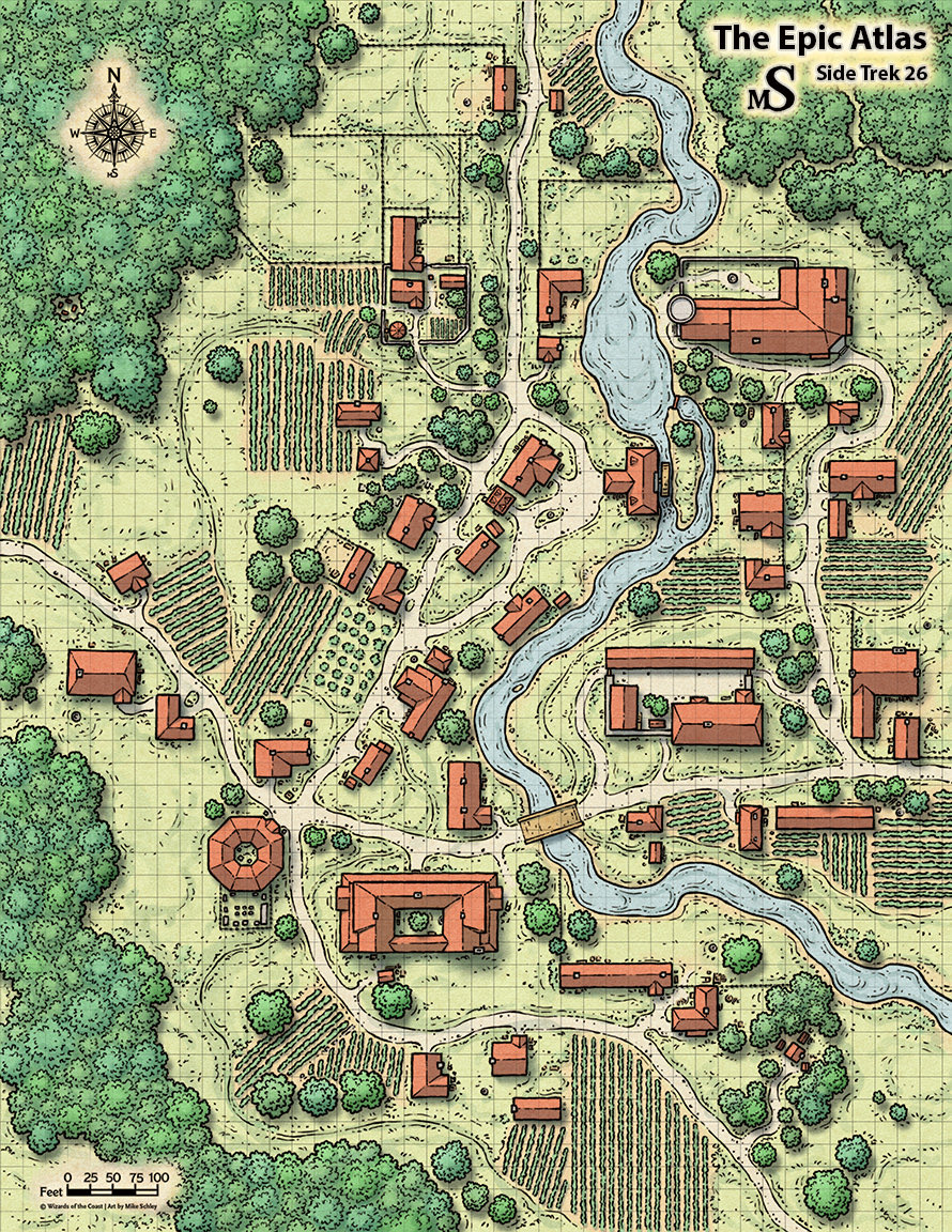 schley's tweet image. Where highways meet, adventure awaits! Come home to the Crossrods Village, the newest #RPG adventure location available now via #TheEpicAtlas. It’s one of a number of hi-res #maps I created for the online version of the #DnD #DMG that are now available to subscribers. Huzzah!