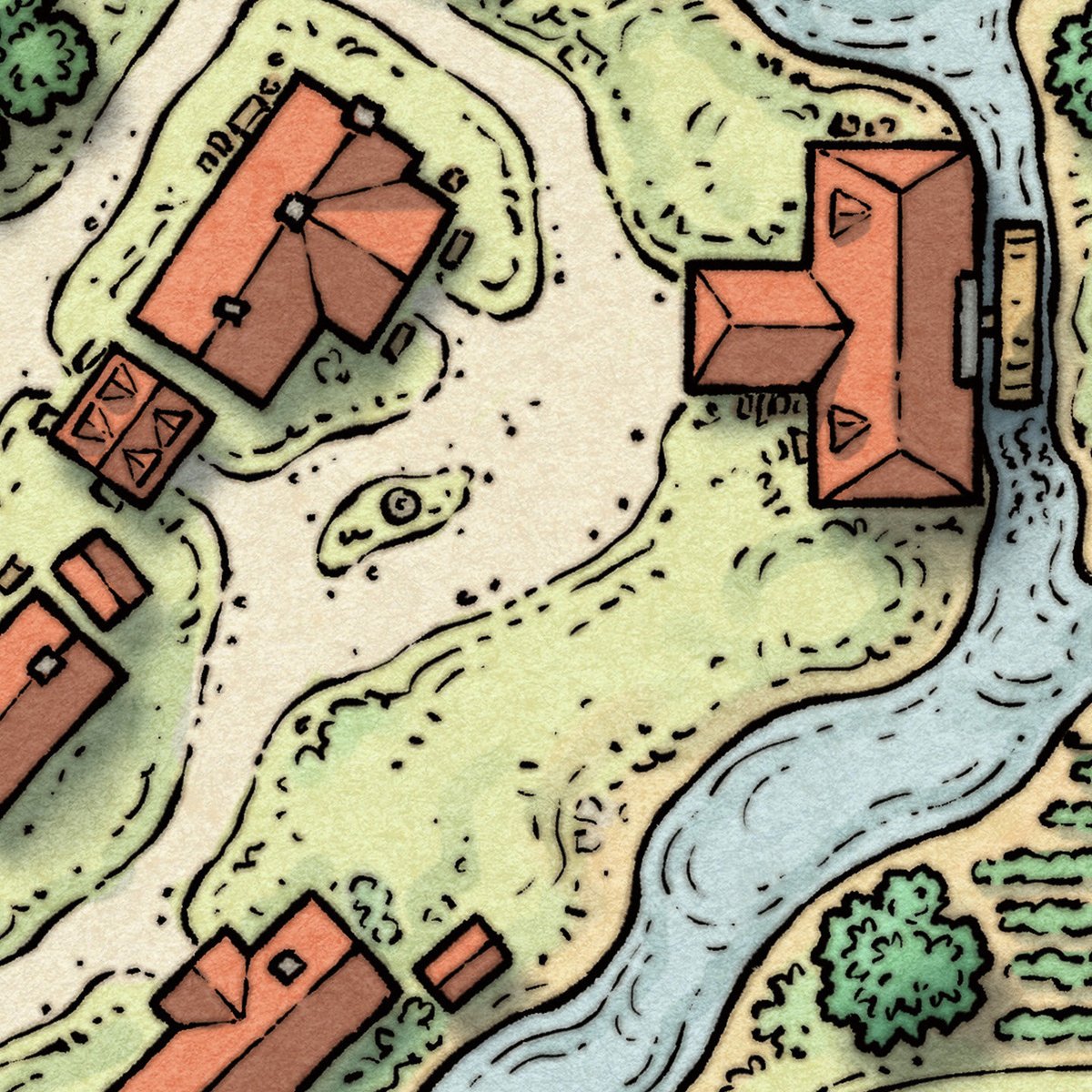 schley's tweet image. Where highways meet, adventure awaits! Come home to the Crossrods Village, the newest #RPG adventure location available now via #TheEpicAtlas. It’s one of a number of hi-res #maps I created for the online version of the #DnD #DMG that are now available to subscribers. Huzzah!