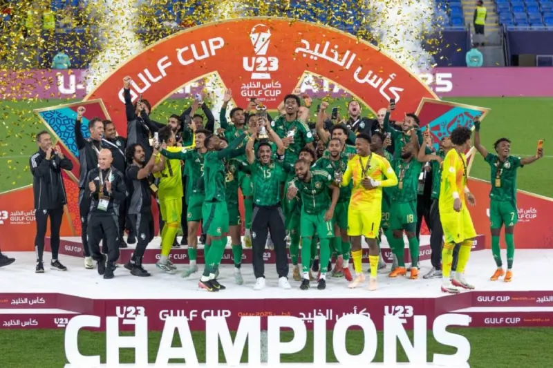 GulfTimes_QATAR's tweet photo. #SaudiArabia have been crowned #champions of the #AGCFFU_23 Gulf Cup Qatar 2025, after claiming a 2-0 win over Iraq in the final match held at #Stadium974 in Doha on Tuesday.The tournament took place in Qatar from December 4–16, bringing together rising #U_23 football stars from across the region to compete for the prestigious title. 

https://t.co/Qbm2YCUwwk